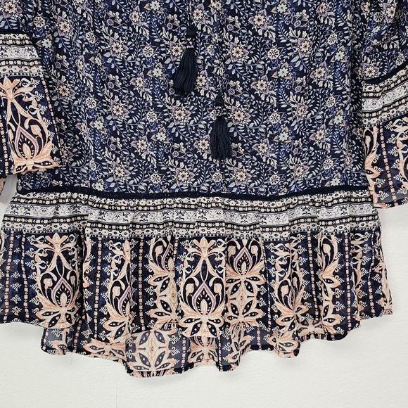 Knox Rose Boho Tunic Chiffon Blue Floral Tie Front Sz S Boho Cottagecore Country - Picture 4 of 10